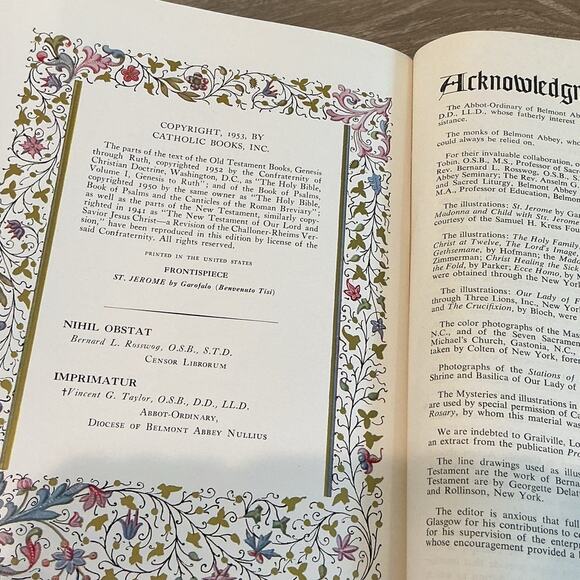 Holy Bible Catholic Action Addition Goodwill Brown Gold MCM 1953 50s Illustrated - Picture 10 of 16
